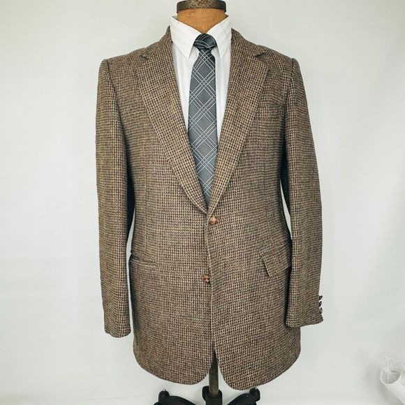 Harris Tweed Blazer Made In USA Tan Scottish Wool Size 40 Reg Adult Mens 70s